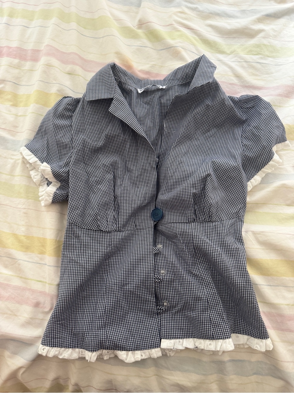 Mode Mischief gingham blouse in navy + white